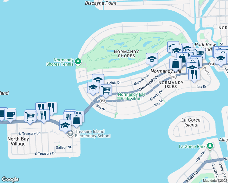 map of restaurants, bars, coffee shops, grocery stores, and more near 1915 Normandy Drive in Miami Beach