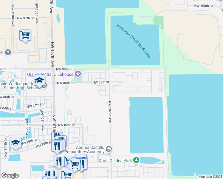 map of restaurants, bars, coffee shops, grocery stores, and more near 8640 Northwest 101st Place in Doral