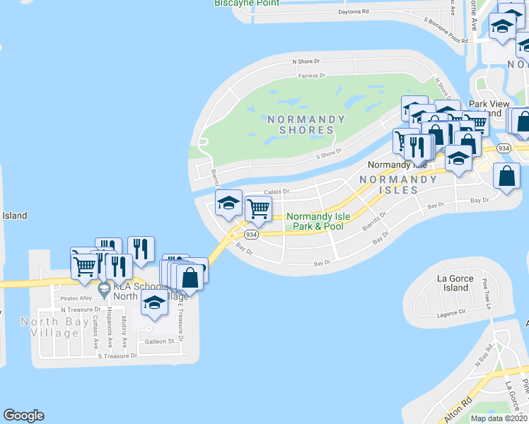 map of restaurants, bars, coffee shops, grocery stores, and more near 1915 Normandy Drive in Miami Beach