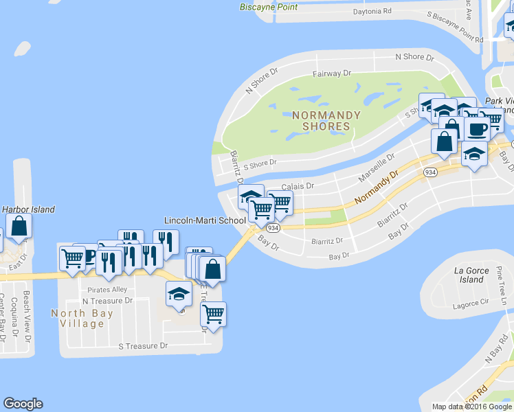 map of restaurants, bars, coffee shops, grocery stores, and more near 2158 Biarritz Drive in Miami Beach