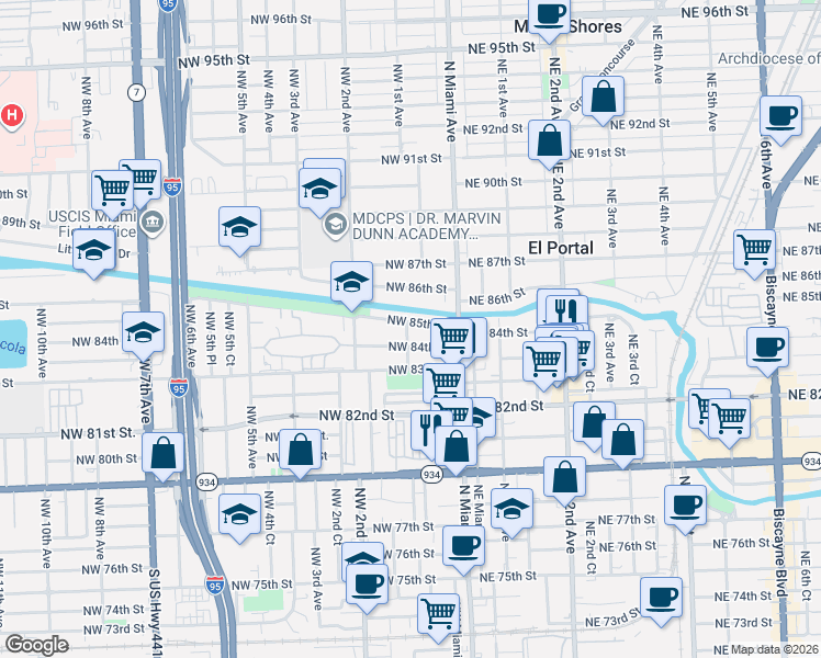 map of restaurants, bars, coffee shops, grocery stores, and more near 8493 Northwest 1st Avenue in Miami