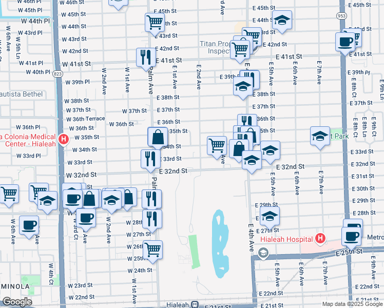 map of restaurants, bars, coffee shops, grocery stores, and more near 131 East 33rd Street in Hialeah