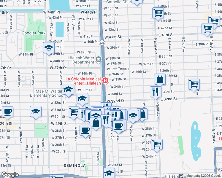 map of restaurants, bars, coffee shops, grocery stores, and more near 342 West 34th Street in Hialeah