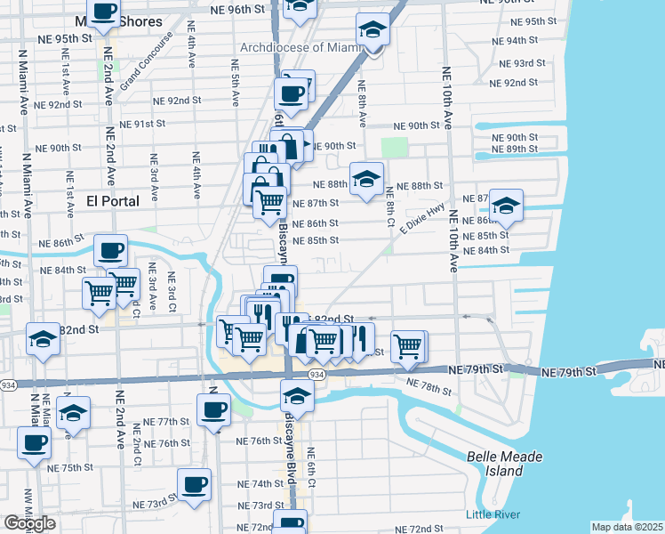 map of restaurants, bars, coffee shops, grocery stores, and more near 719 Northeast 83rd Terrace in Miami