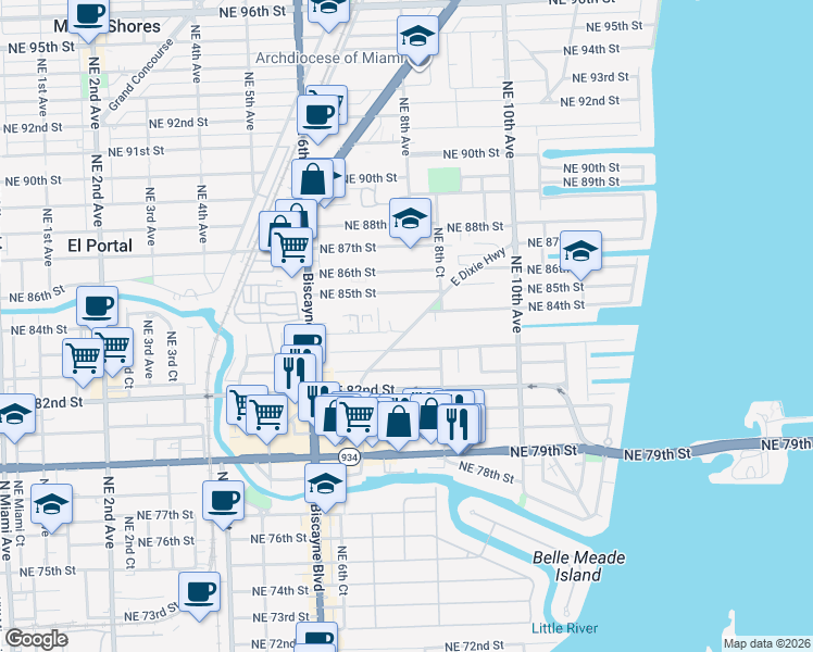 map of restaurants, bars, coffee shops, grocery stores, and more near 8350 E Dixie Hwy in Miami