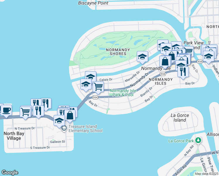 map of restaurants, bars, coffee shops, grocery stores, and more near 1915 Normandy Drive in Miami Beach