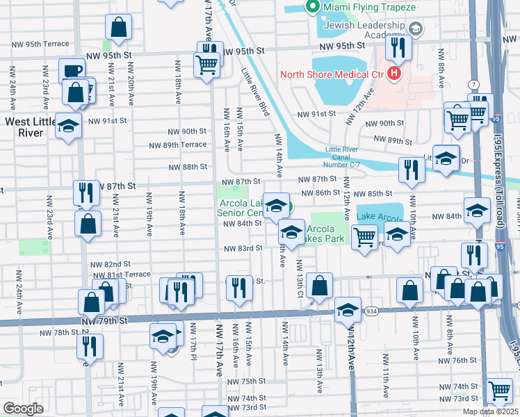 map of restaurants, bars, coffee shops, grocery stores, and more near 8444 Northwest 14th Court in Miami