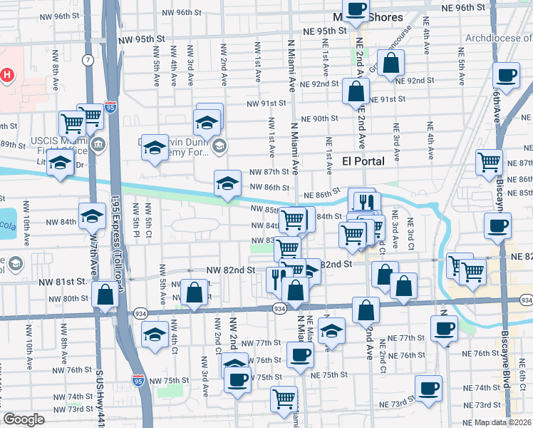 map of restaurants, bars, coffee shops, grocery stores, and more near 8493 Northwest 1st Avenue in Miami