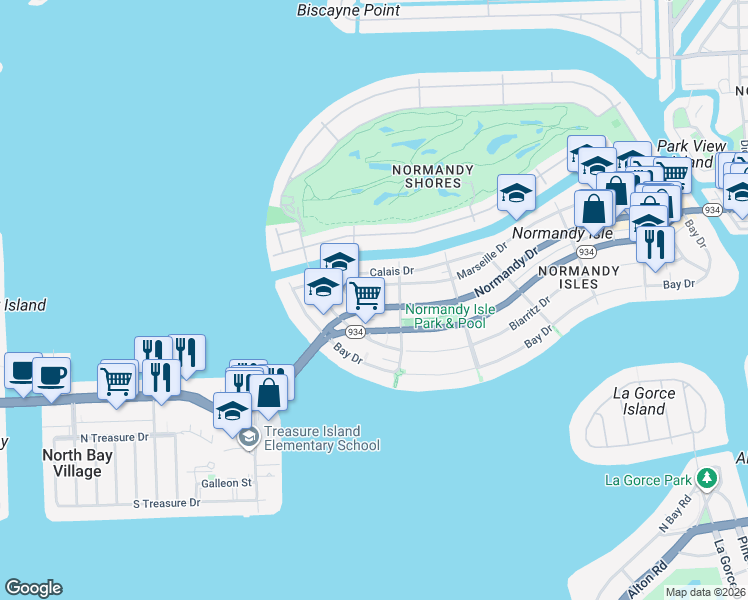 map of restaurants, bars, coffee shops, grocery stores, and more near 1915 Normandy Drive in Miami Beach
