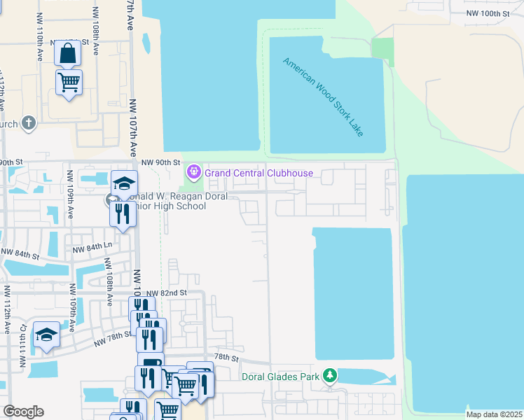 map of restaurants, bars, coffee shops, grocery stores, and more near 8640 Northwest 101st Place in Doral