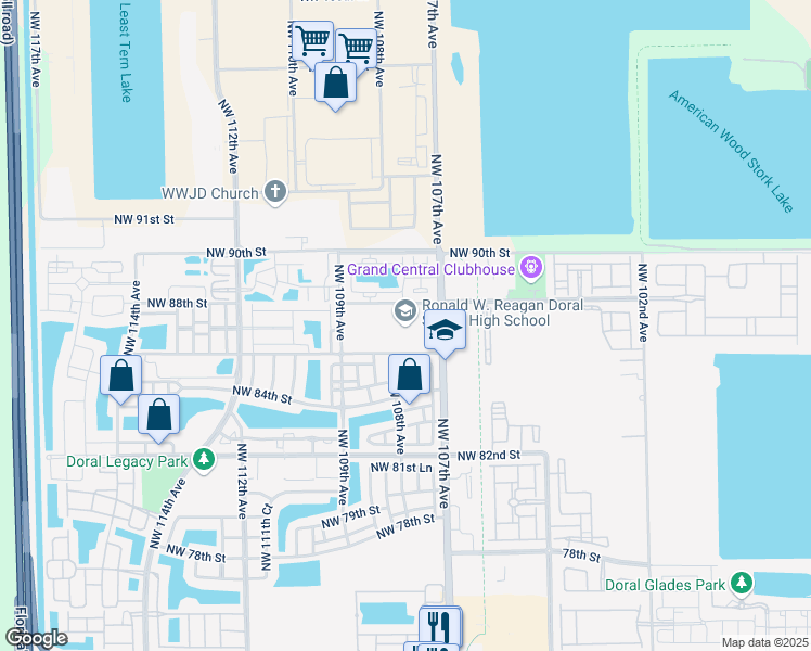 map of restaurants, bars, coffee shops, grocery stores, and more near 8600 Northwest 107th Avenue in Doral