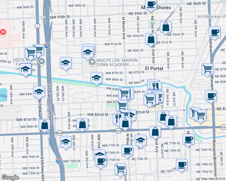 map of restaurants, bars, coffee shops, grocery stores, and more near 8493 Northwest 1st Avenue in Miami