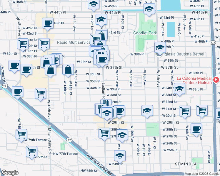 map of restaurants, bars, coffee shops, grocery stores, and more near 1155 West 33rd Place in Hialeah