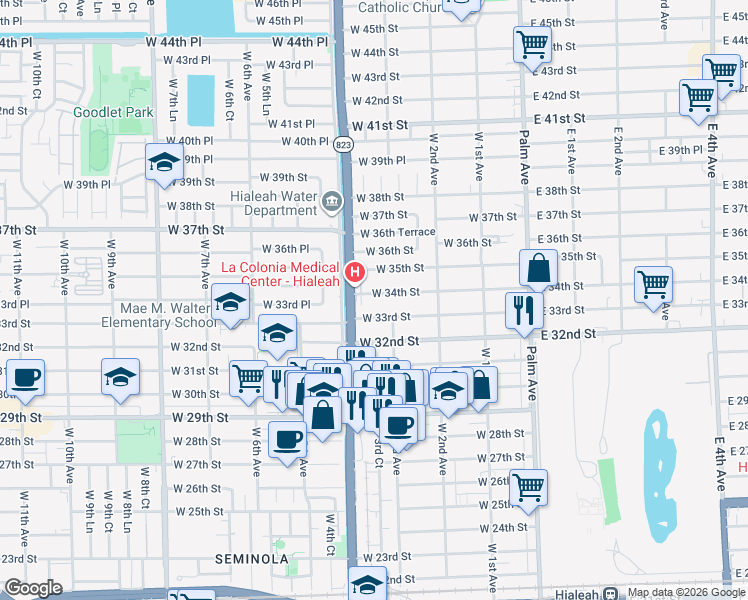 map of restaurants, bars, coffee shops, grocery stores, and more near 342 West 34th Street in Hialeah
