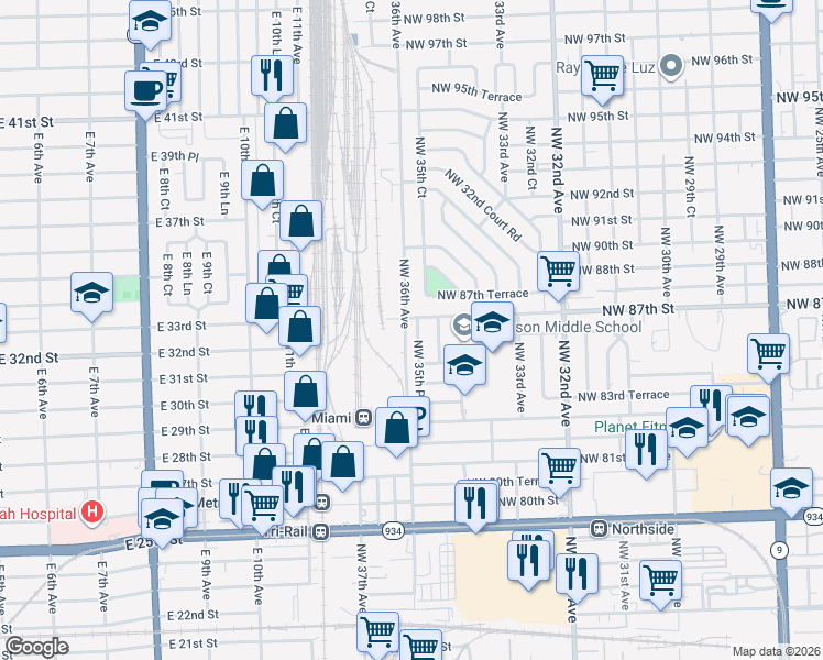 map of restaurants, bars, coffee shops, grocery stores, and more near 8626 Northwest 35th Place in Miami