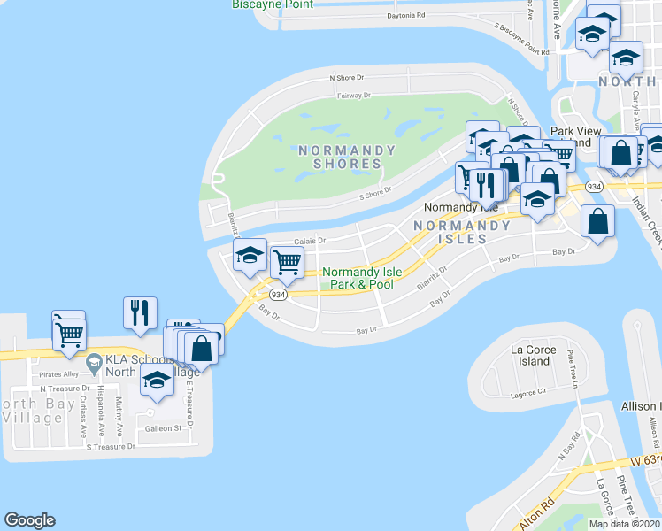 map of restaurants, bars, coffee shops, grocery stores, and more near 1765 Normandy Drive in Miami Beach
