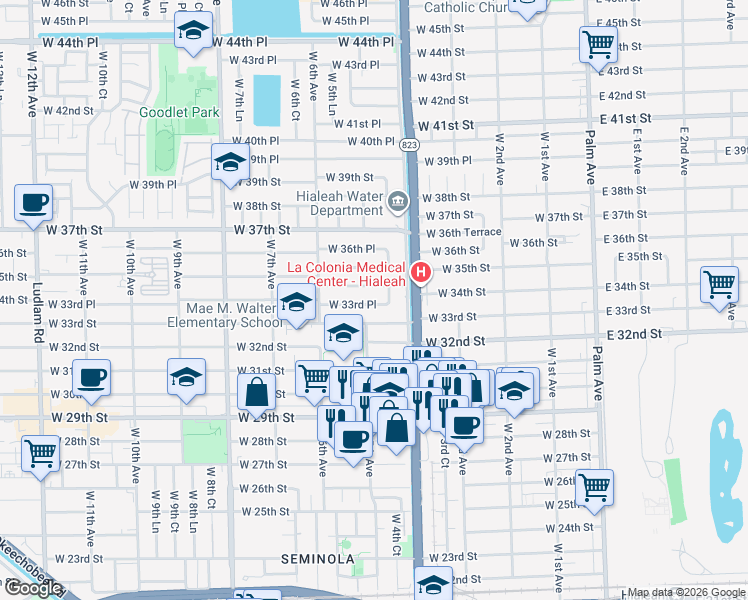 map of restaurants, bars, coffee shops, grocery stores, and more near 481 West 33rd Place in Hialeah
