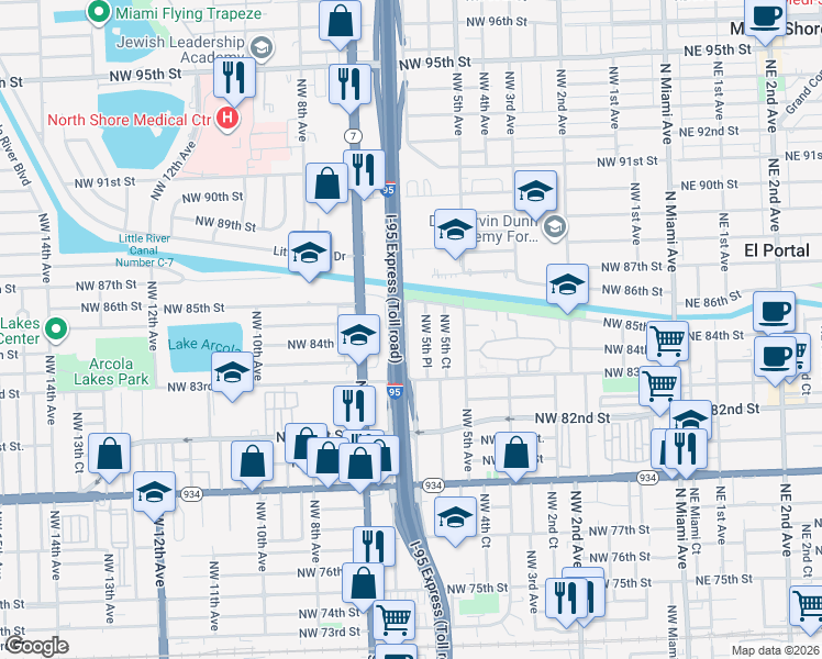 map of restaurants, bars, coffee shops, grocery stores, and more near 8443 Northwest 6th Avenue in Miami