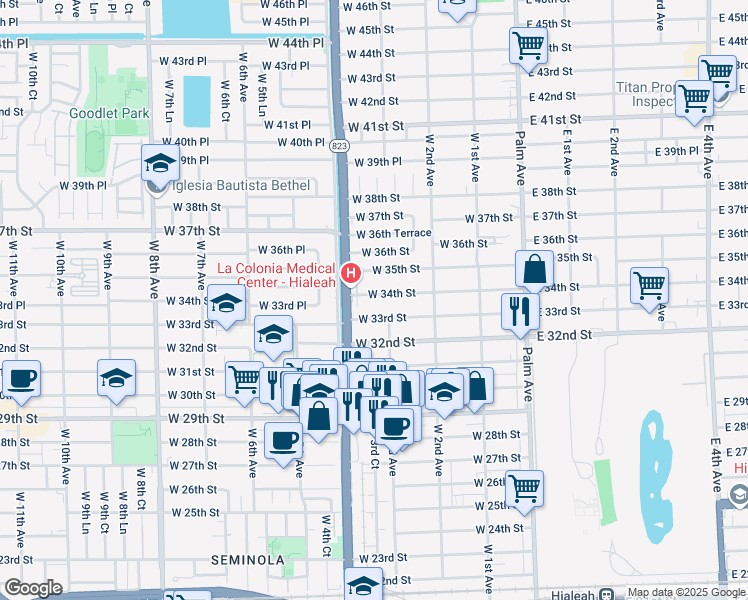 map of restaurants, bars, coffee shops, grocery stores, and more near 342 West 34th Street in Hialeah