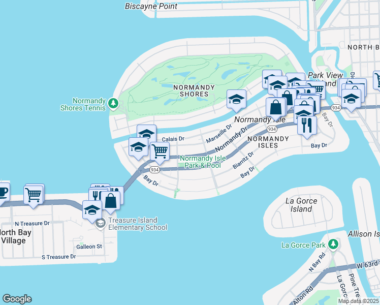 map of restaurants, bars, coffee shops, grocery stores, and more near 1765 Normandy Drive in Miami Beach