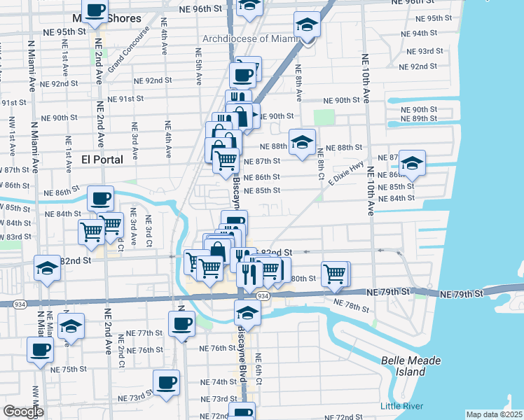 map of restaurants, bars, coffee shops, grocery stores, and more near 645 Northeast 83rd Terrace in Miami