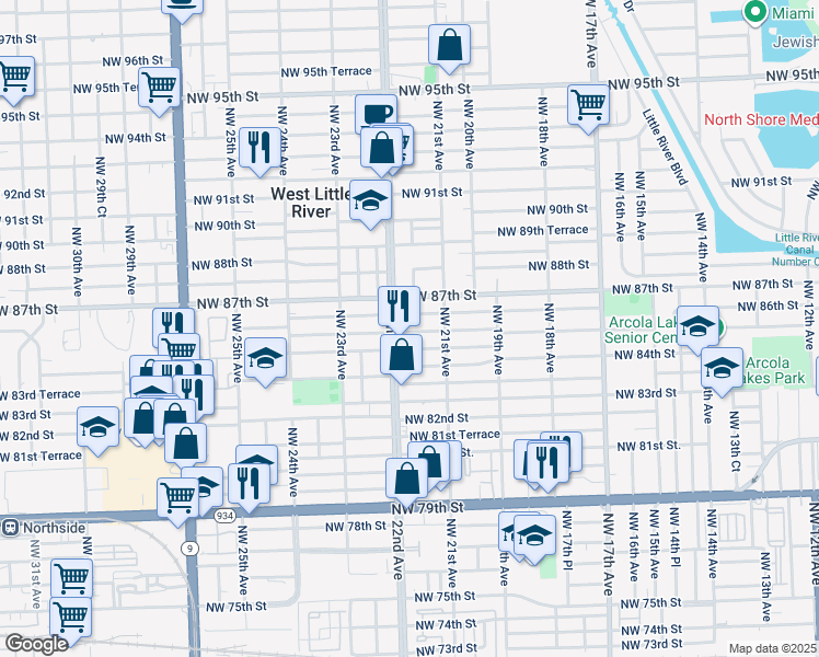 map of restaurants, bars, coffee shops, grocery stores, and more near 2177 Northwest 86th Street in Miami