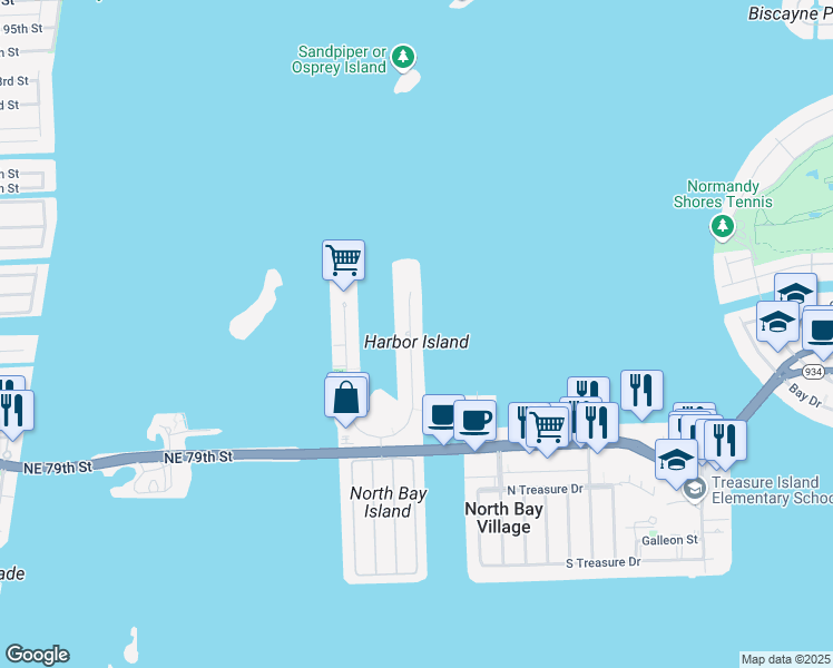 map of restaurants, bars, coffee shops, grocery stores, and more near 7931 East Drive in North Bay Village