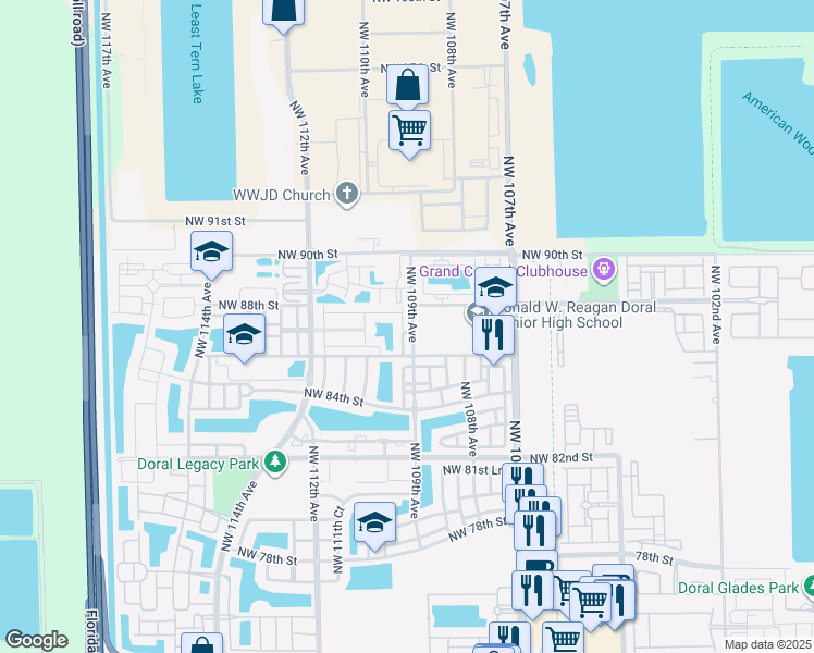 map of restaurants, bars, coffee shops, grocery stores, and more near 8707 Northwest 109th Court in Doral