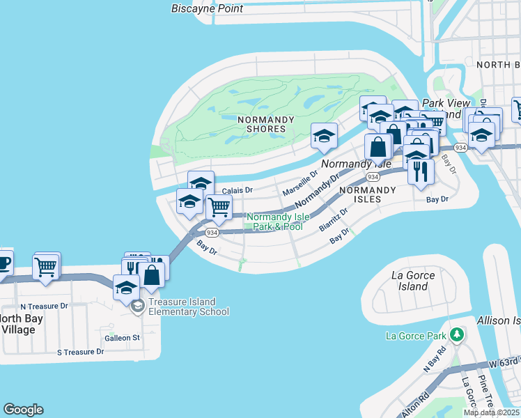 map of restaurants, bars, coffee shops, grocery stores, and more near 1765 Normandy Drive in Miami Beach
