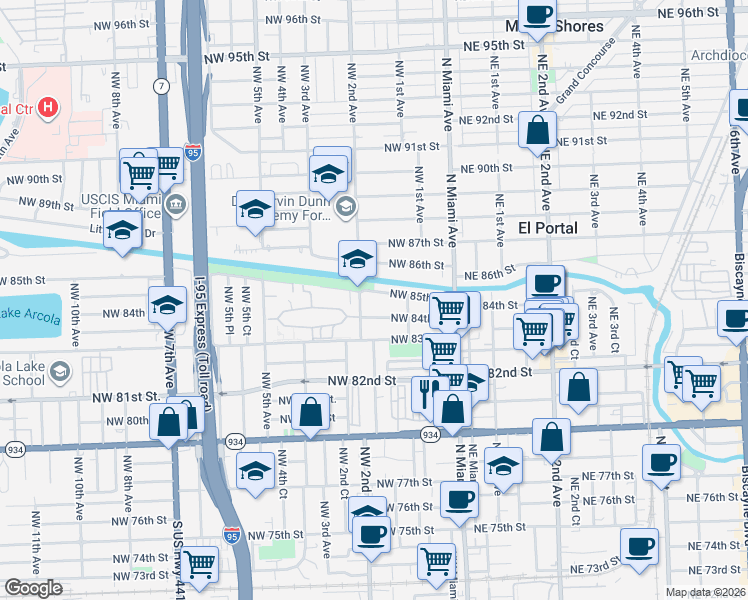 map of restaurants, bars, coffee shops, grocery stores, and more near 180 Northwest 85th Street in Miami