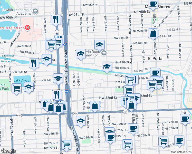 map of restaurants, bars, coffee shops, grocery stores, and more near 8456 Northwest 4th Court in Miami