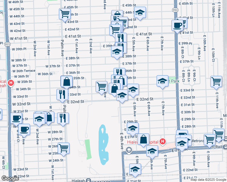 map of restaurants, bars, coffee shops, grocery stores, and more near 355 East 33rd Street in Hialeah