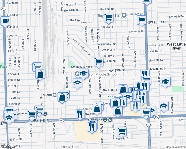 map of restaurants, bars, coffee shops, grocery stores, and more near 3245 Northwest 86th Street in Miami