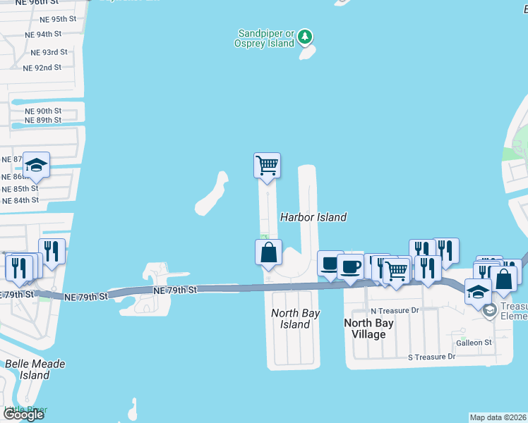 map of restaurants, bars, coffee shops, grocery stores, and more near 7934 West Drive in Miami Beach