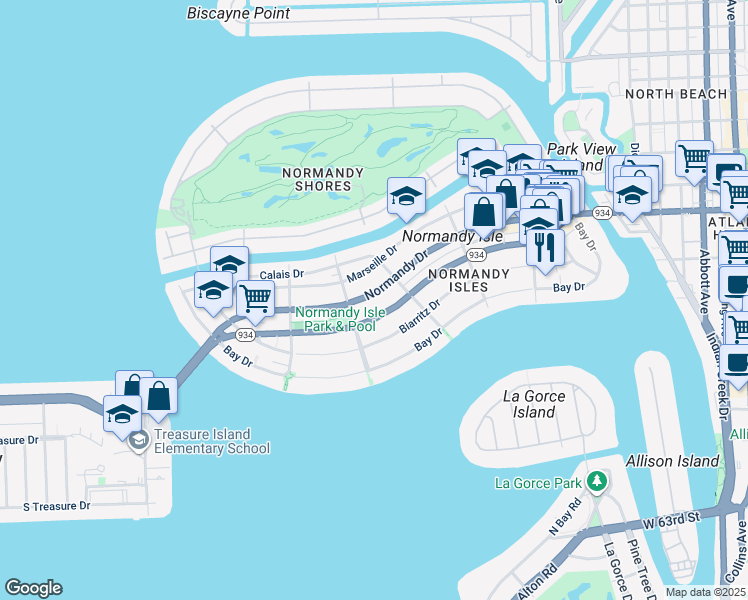 map of restaurants, bars, coffee shops, grocery stores, and more near 1555 71st Street in Miami Beach