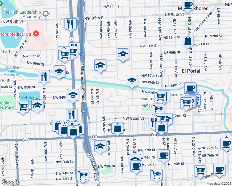 map of restaurants, bars, coffee shops, grocery stores, and more near 8456 Northwest 4th Court in Miami