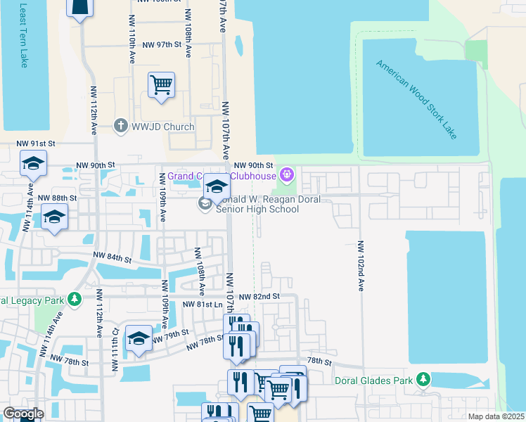 map of restaurants, bars, coffee shops, grocery stores, and more near 10620 Northwest 88th Street in Doral