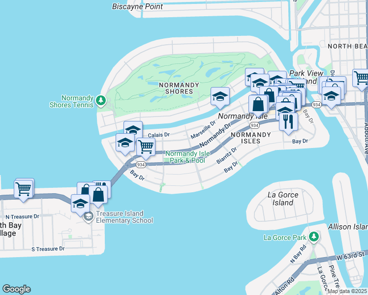 map of restaurants, bars, coffee shops, grocery stores, and more near 1595 Normandy Drive in Miami Beach