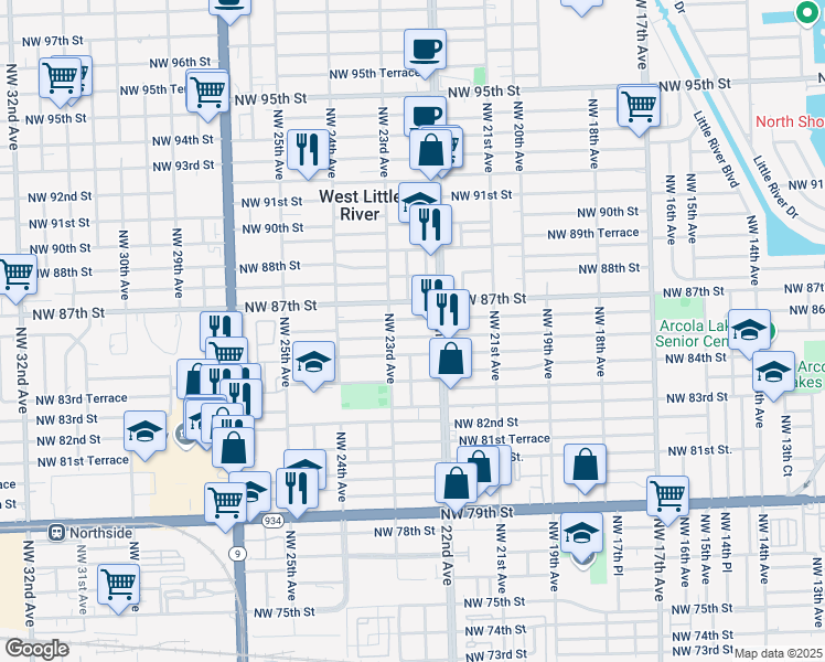 map of restaurants, bars, coffee shops, grocery stores, and more near 2251 Northwest 86th Street in Miami