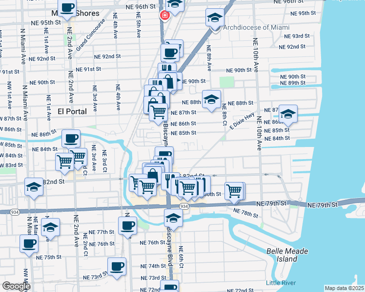 map of restaurants, bars, coffee shops, grocery stores, and more near 645 Northeast 83rd Terrace in Miami
