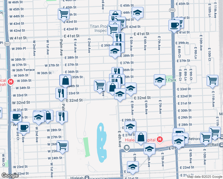 map of restaurants, bars, coffee shops, grocery stores, and more near 355 East 33rd Street in Hialeah