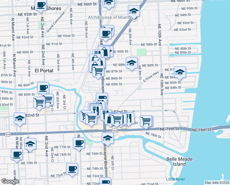 map of restaurants, bars, coffee shops, grocery stores, and more near 719 Northeast 83rd Terrace in Miami