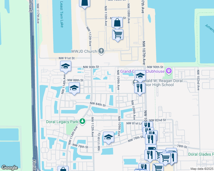 map of restaurants, bars, coffee shops, grocery stores, and more near 8711 Northwest 110th Avenue in Doral