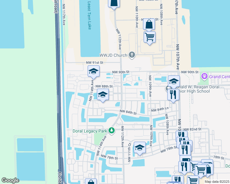 map of restaurants, bars, coffee shops, grocery stores, and more near 11237 Northwest 87th Street in Doral