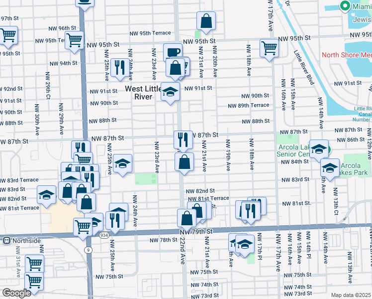 map of restaurants, bars, coffee shops, grocery stores, and more near 2177 Northwest 86th Street in Miami