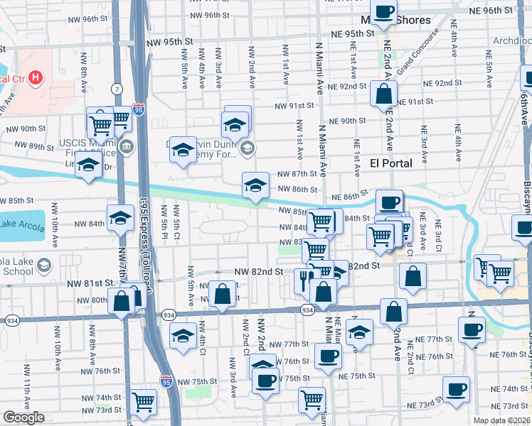 map of restaurants, bars, coffee shops, grocery stores, and more near 180 Northwest 85th Street in Miami