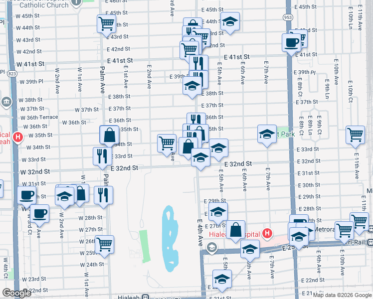 map of restaurants, bars, coffee shops, grocery stores, and more near 355 East 33rd Street in Hialeah