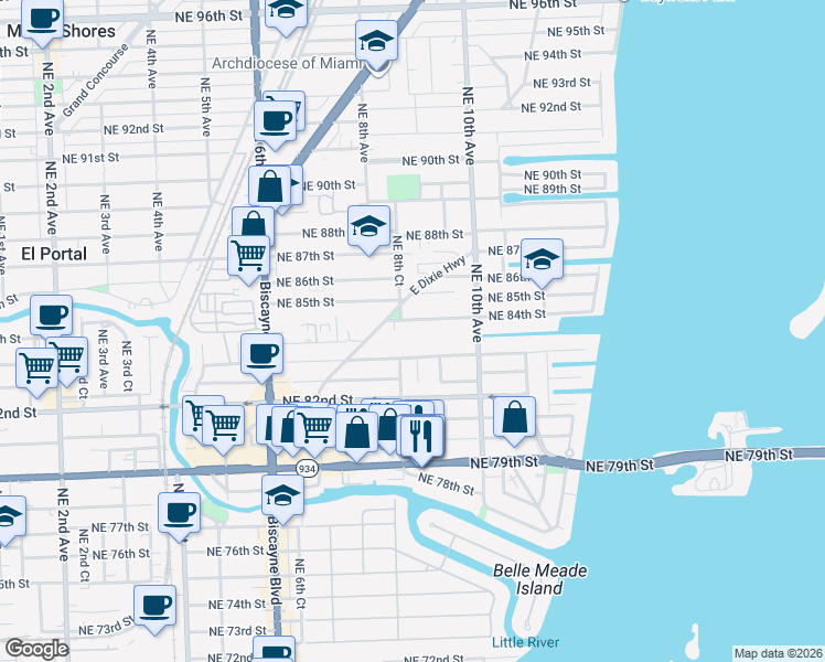 map of restaurants, bars, coffee shops, grocery stores, and more near 8351 Northeast 8th Court in Miami