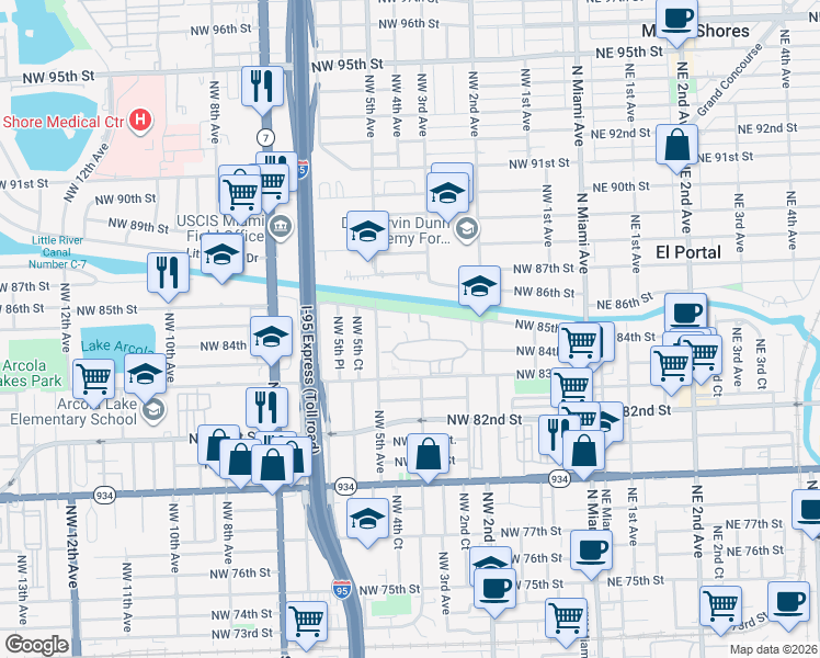 map of restaurants, bars, coffee shops, grocery stores, and more near 8456 Northwest 4th Court in Miami