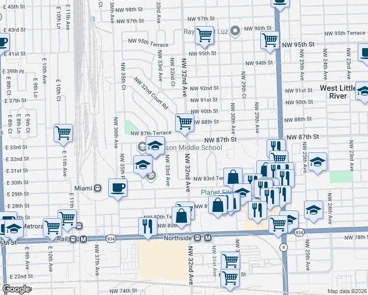 map of restaurants, bars, coffee shops, grocery stores, and more near 3155 Northwest 86th Street in Miami
